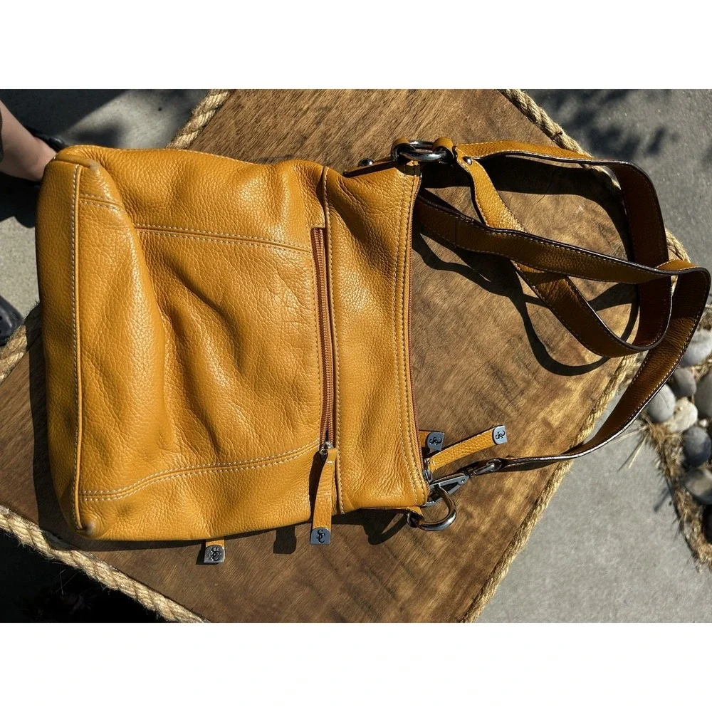 Sophia Caperelli Yellow Pebbled Leather Crossbody Bag Purse Multi Zipper Pockets